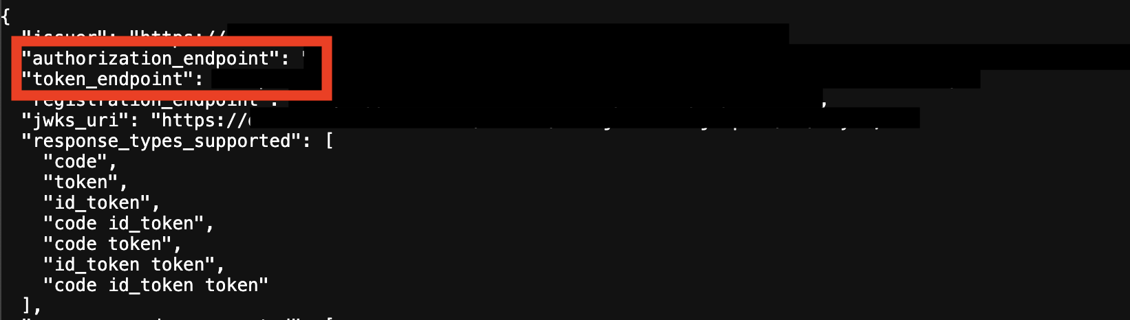 The authorize and token URLs highlighted in the metadata URI
